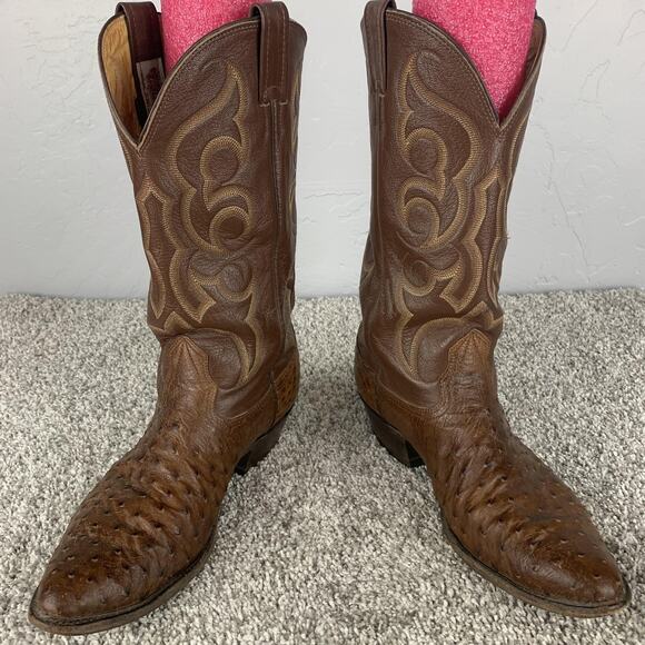 Nocona Ostrich Western Cowboy Boots Mens Size 9.5 D Brown Leather Pointed Toe - Picture 1 of 11
